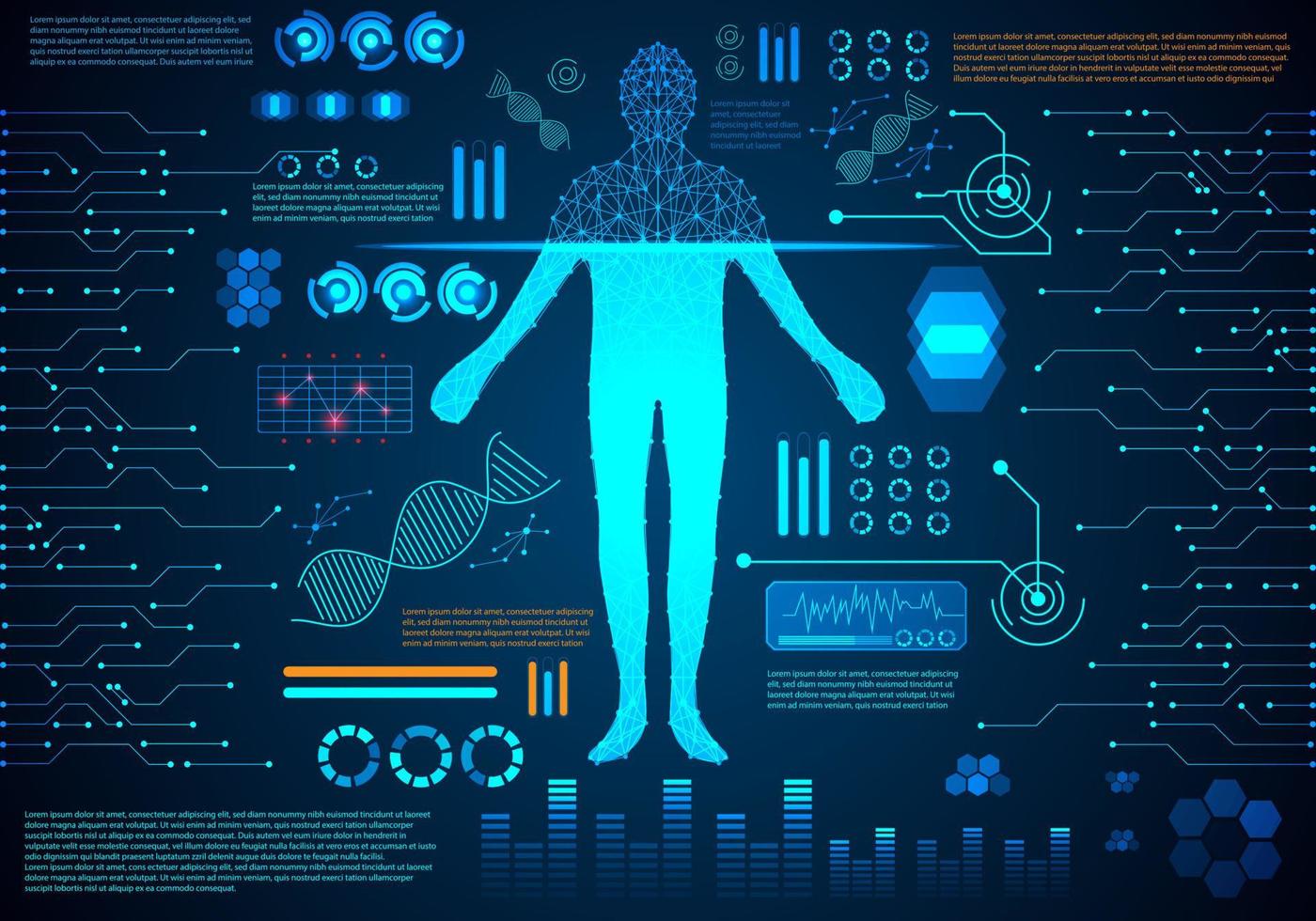 tecnologia abstrata ui conceito futurista hud interface holograma elementos do gráfico de dados digitais, comunicação, computação, corpo humano digital cuidados de saúde saúde design futuro em fundo de alta tecnologia. vetor