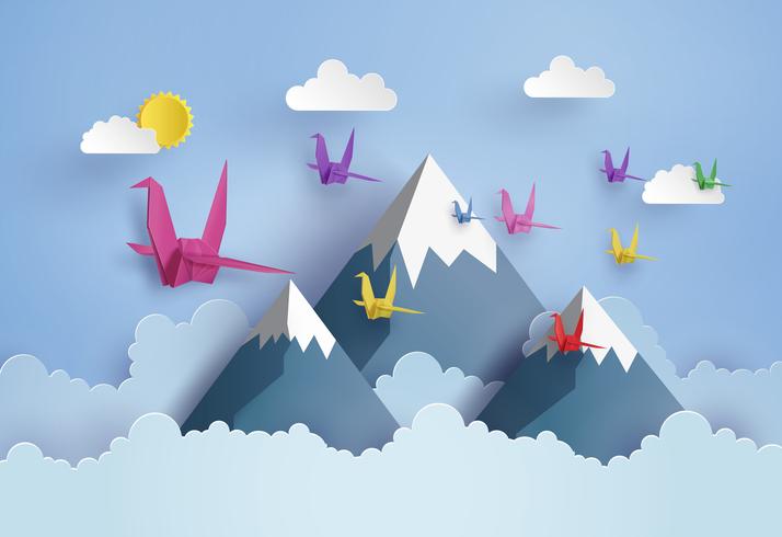 origami feito papel colorido pássaro voando no céu azul vetor