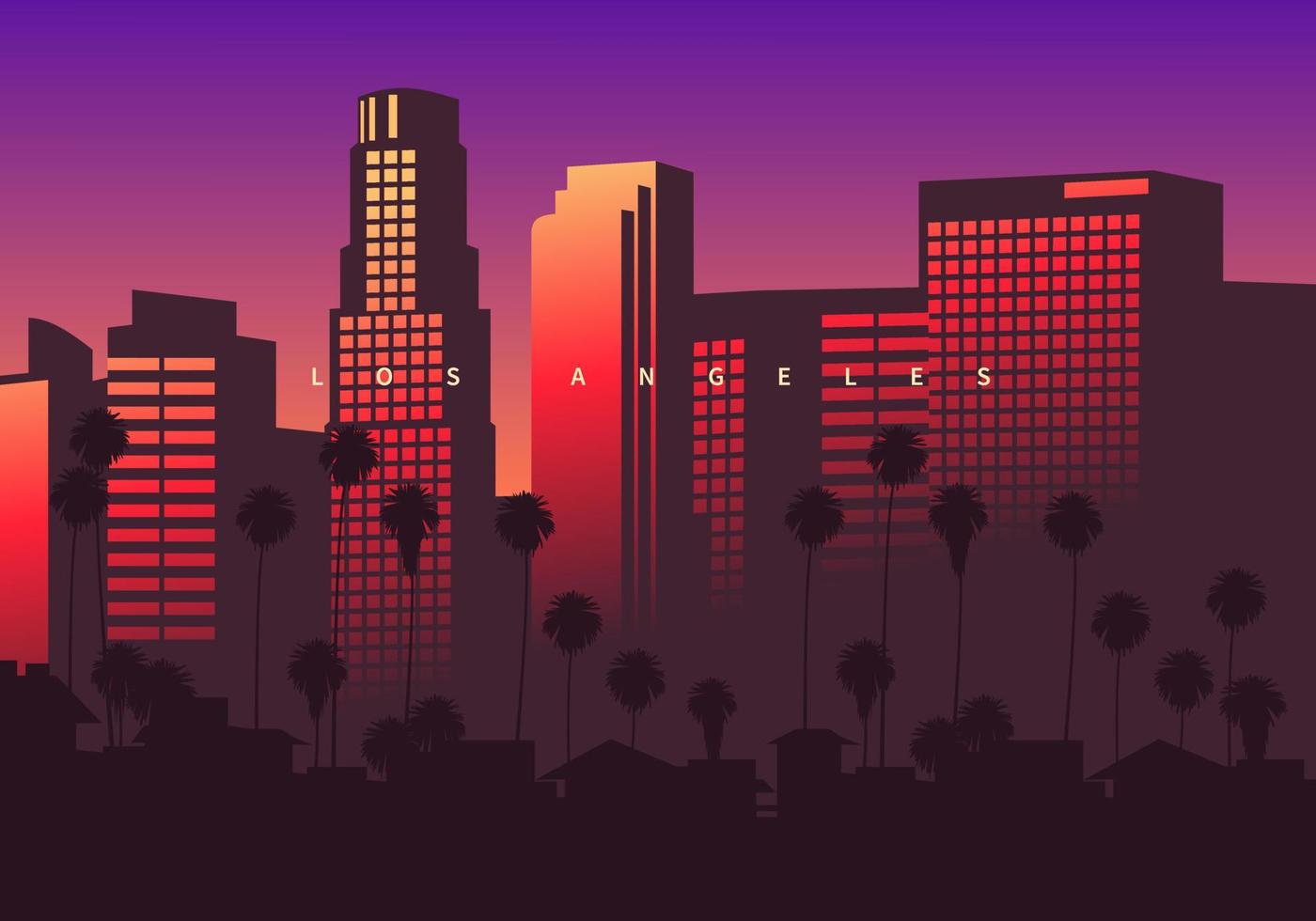 horizonte de los angeles na hora dourada, califórnia, eua. arranha-céus no centro da cidade com belos reflexos coloridos. ilustração vetorial original vetor