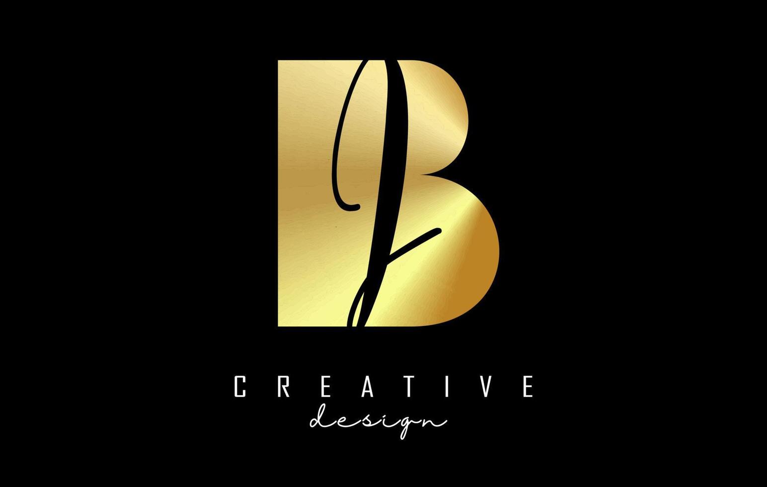 logotipo bi de letras douradas com design minimalista e espaço negativo. letras b e i com tipografia geométrica e manuscrita. vetor