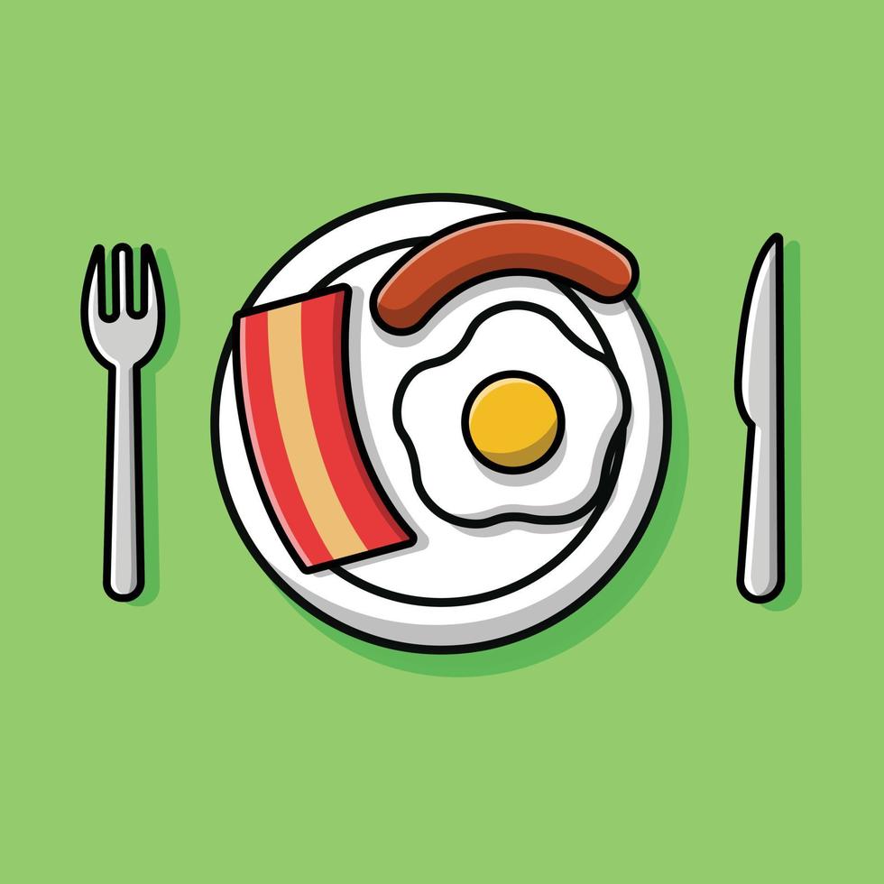 comida de café da manhã no prato com ilustração de ícone de vetor de desenho de ovo e salsicha. conceito de ícone de café da manhã isolado vetor premium. estilo de desenho animado plano