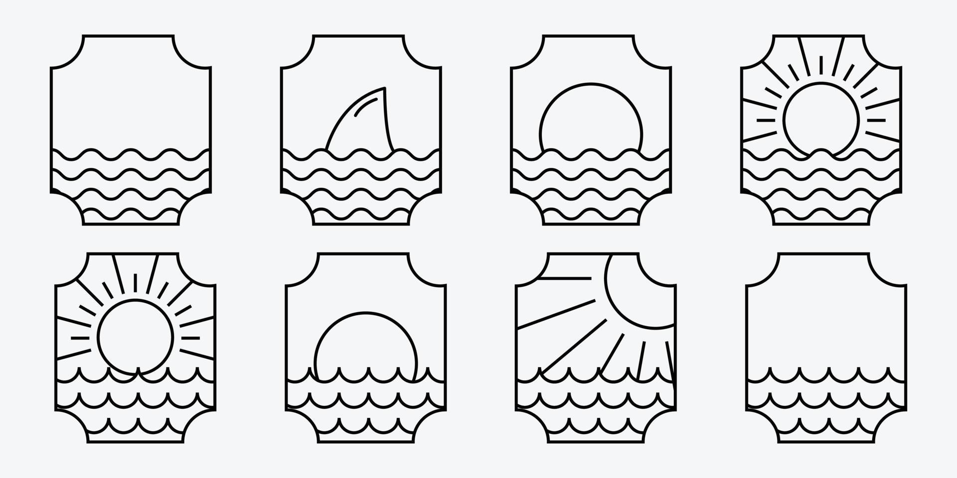 conjunto de logotipo de arte de linha de ondas do oceano marinho, vetor de ilustração de água do mar, design de emblema do conceito marítimo, logotipo do pacífico aqua