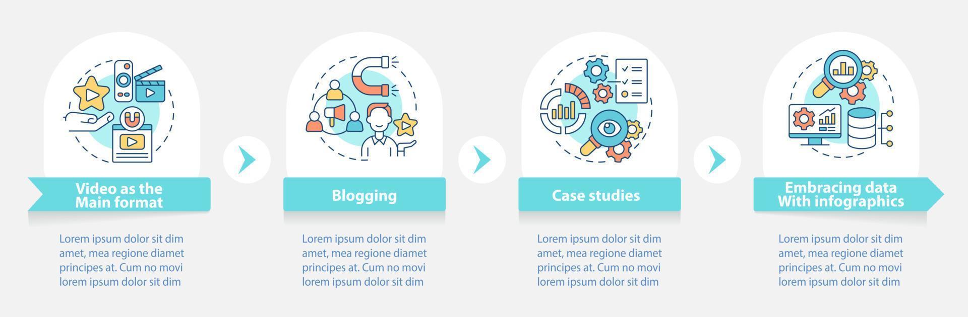 tendências de marketing de conteúdo redondo modelo infográfico. visualização de dados com 4 etapas. gráfico de informações da linha do tempo do processo. layout de fluxo de trabalho com ícones de linha. uma miríade de fontes regulares pró-negrito usadas vetor