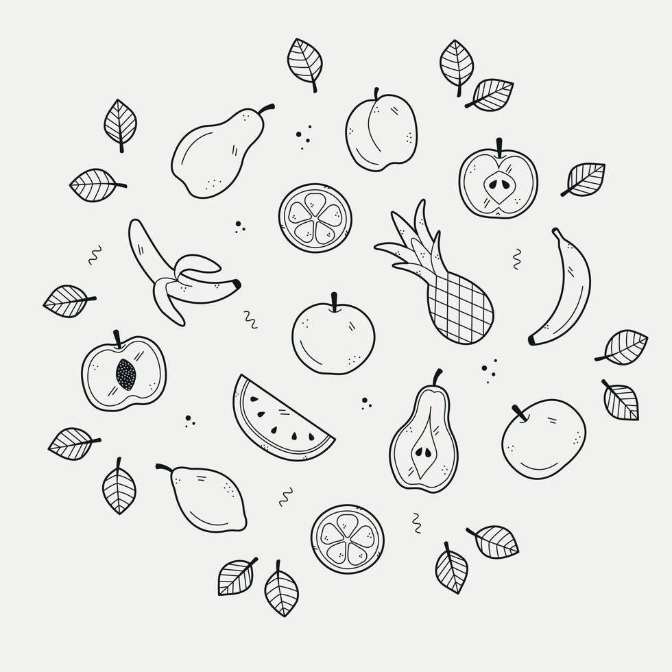 conjunto de desenho à mão de frutas. esboço em estilo doodle em fundo branco. o conjunto inclui ícones como maçã, pêra, pêssego, abacaxi, damasco, melancia, limão, laranja, banana. ilustração vetorial vetor