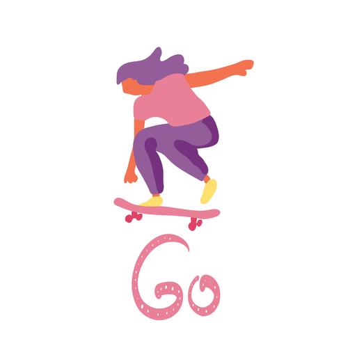 Skatista de menina elegante em jeans e tênis. Skate. Ilustração vetorial para um cartão postal ou um cartaz, imprimir para a roupa. Culturas de rua. vetor