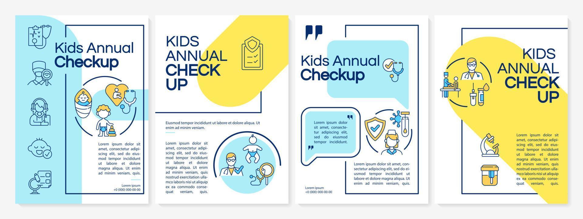 modelo de folheto azul e amarelo de check-up anual de crianças. folheto, livreto, impressão de folheto, design de capa com ícones lineares. layouts vetoriais para apresentação, relatórios anuais, páginas de anúncios vetor