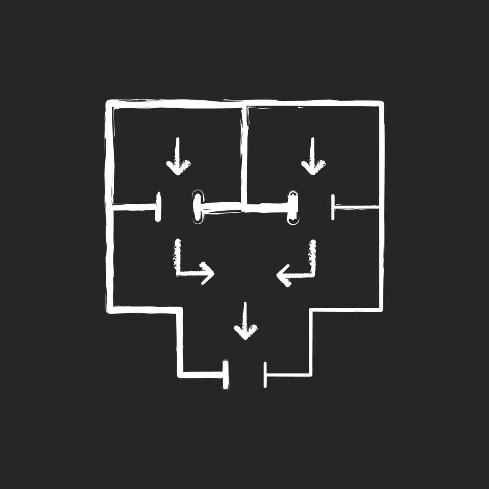 significa desocupar o ícone branco de giz de construção em fundo escuro. planejando fuga de prédio de apartamentos. situação de emergência. sair de casa com segurança. ilustração de lousa vetorial isolada em preto vetor