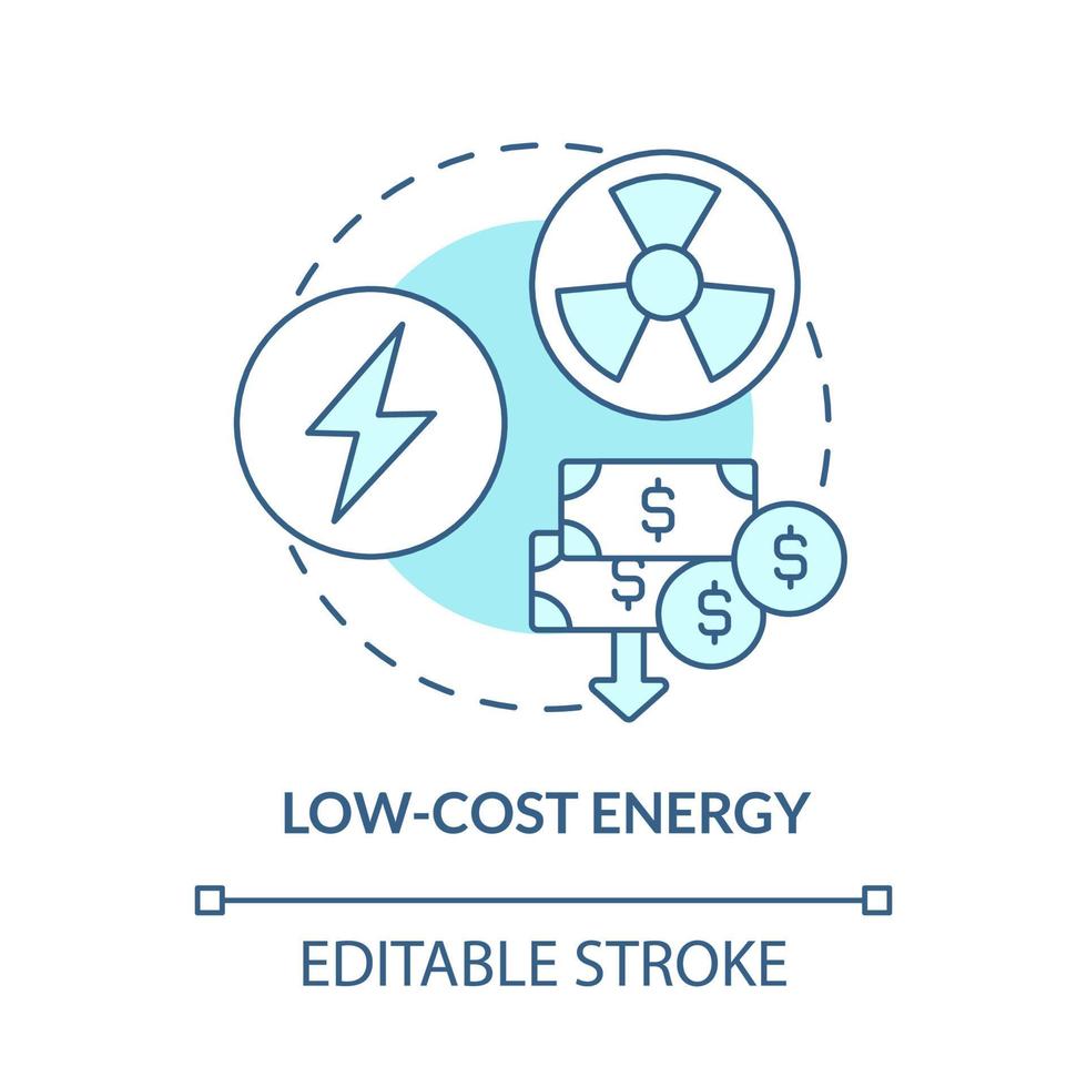 ícone de conceito azul de energia de baixo custo. energia nuclear vantagem idéia abstrata ilustração de linha fina. baixo preço nivelado da eletricidade. desenho de cor de contorno isolado de vetor. traço editável vetor