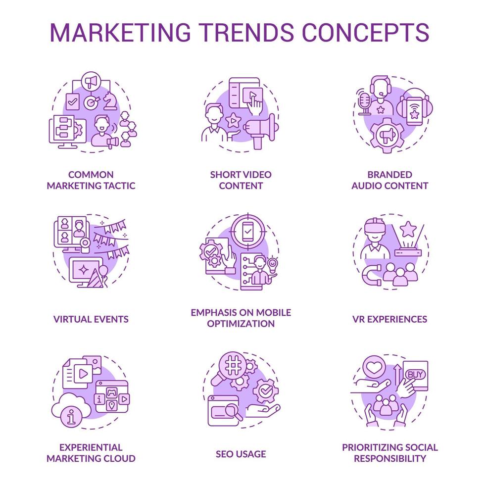 conjunto de ícones de conceito roxo de tendências de marketing. inovação de promoção de produtos. ilustração de cores de linha fina de ideia de envolvimento do cliente. símbolos isolados. roboto-medium, inúmeras fontes pró-negrito usadas vetor