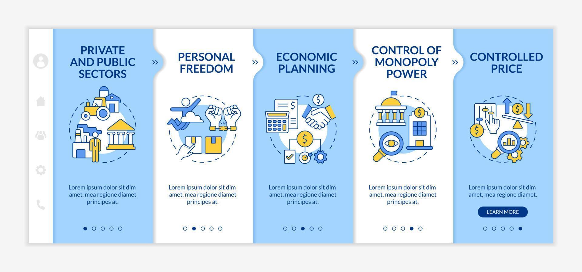 economia mista apresenta modelo de integração azul e branco. estado e negócios. site móvel responsivo com ícones de conceito linear. passo a passo da página da web telas de 5 etapas. fontes regulares em negrito usadas vetor