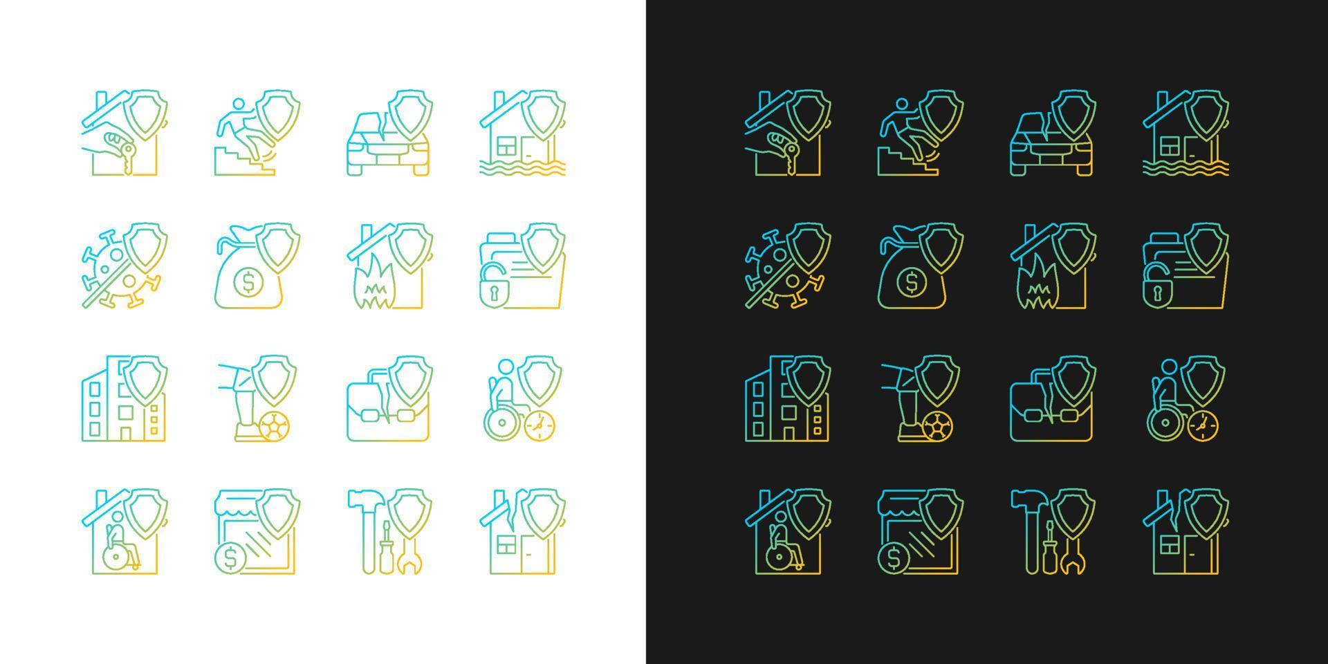 ícones de gradiente de casos de seguro definidos para o modo escuro e claro. garantia de proteção financeira. pacote de símbolos de contorno de linha fina. coleção de ilustrações de contorno vetorial isolado em preto e branco vetor
