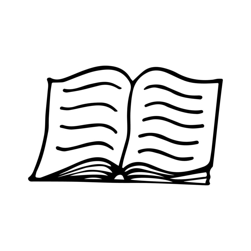 livro aberto em estilo doodle. ilustração vetorial livro-texto isolada no fundo branco. símbolo do livro mundial e dia dos direitos autorais ou dia internacional do livro. desenho de mão logotipo simples vetor