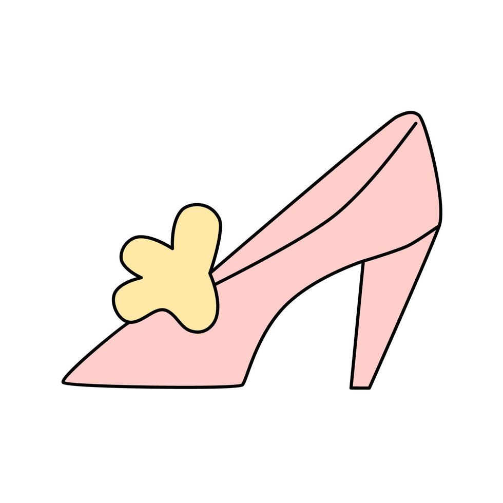 sapato de verão feminino de salto alto com decoração de laço. calçado rosa em estilo doodle. símbolo de desenho animado de sapato feminino glamour. placa para loja de sapatos vetor
