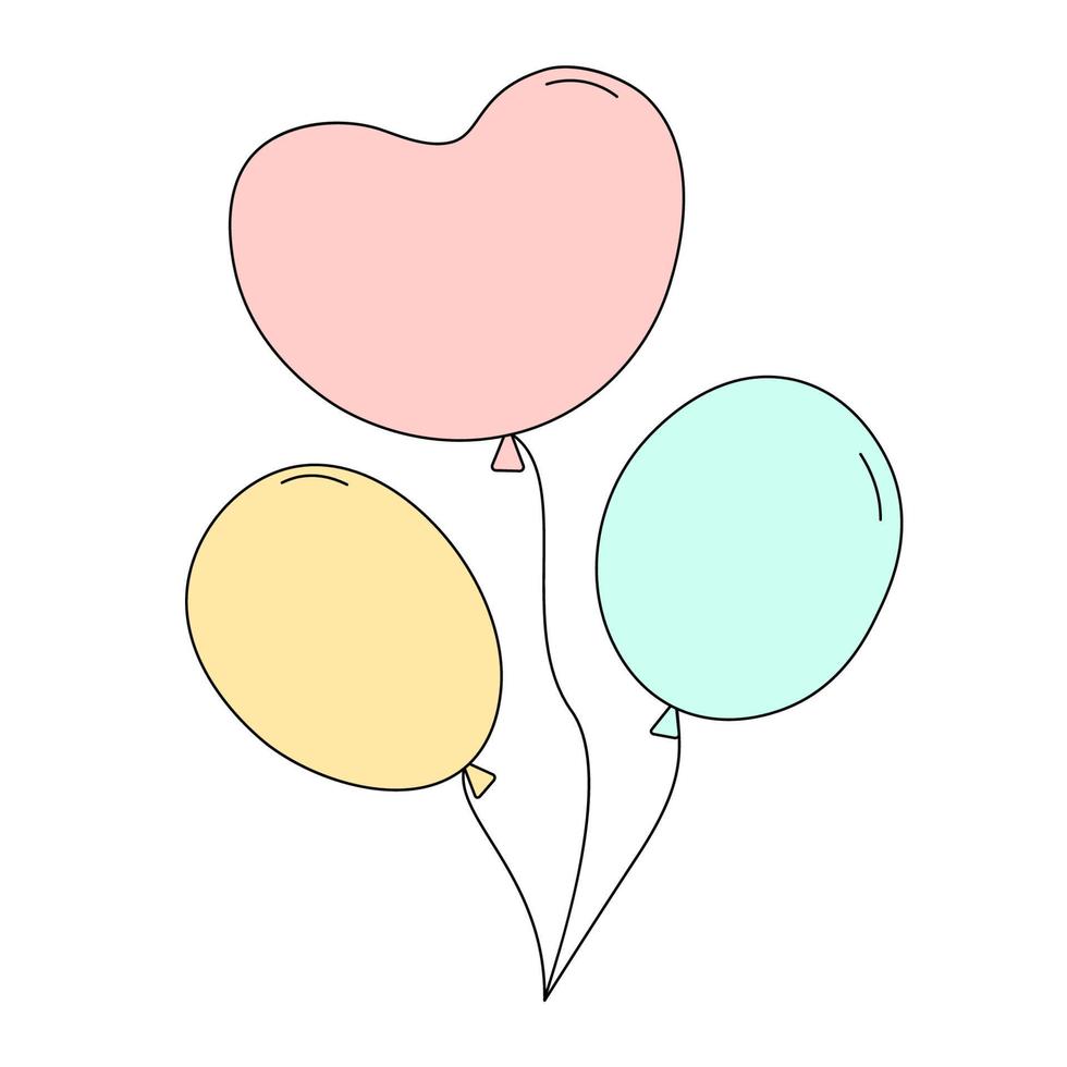 balões de cor no estilo doodle. balão em forma de coração. ilustração vetorial isolada no fundo branco. decoração festiva para festa, aniversário, casamento, formatura ou despedida de solteira vetor