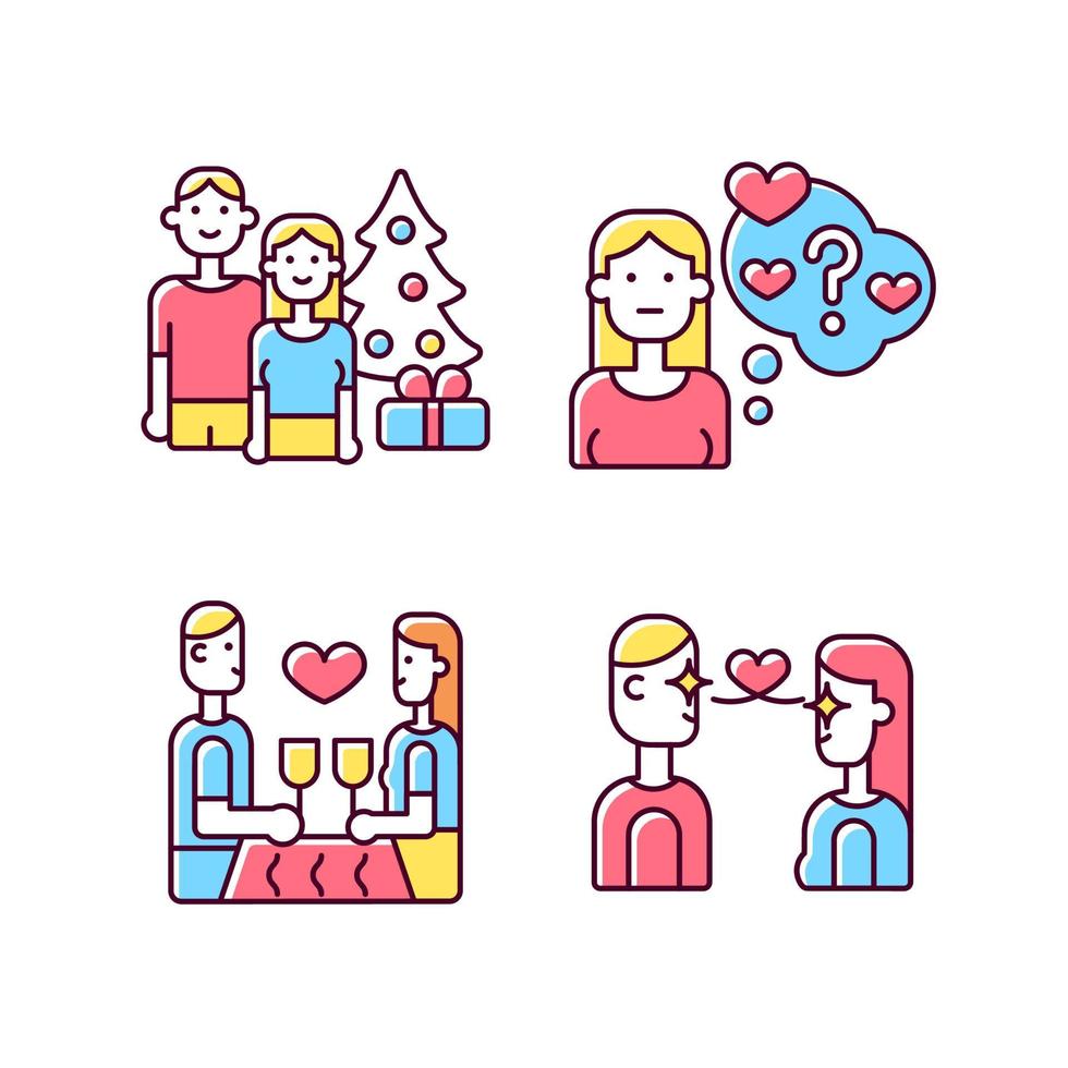 casal apaixonado conjunto de ícones de cores rgb. amor à primeira vista. passar férias juntos. fase duvidosa do relacionamento. ilustrações vetoriais isoladas. coleção de desenhos de linha cheia simples vetor