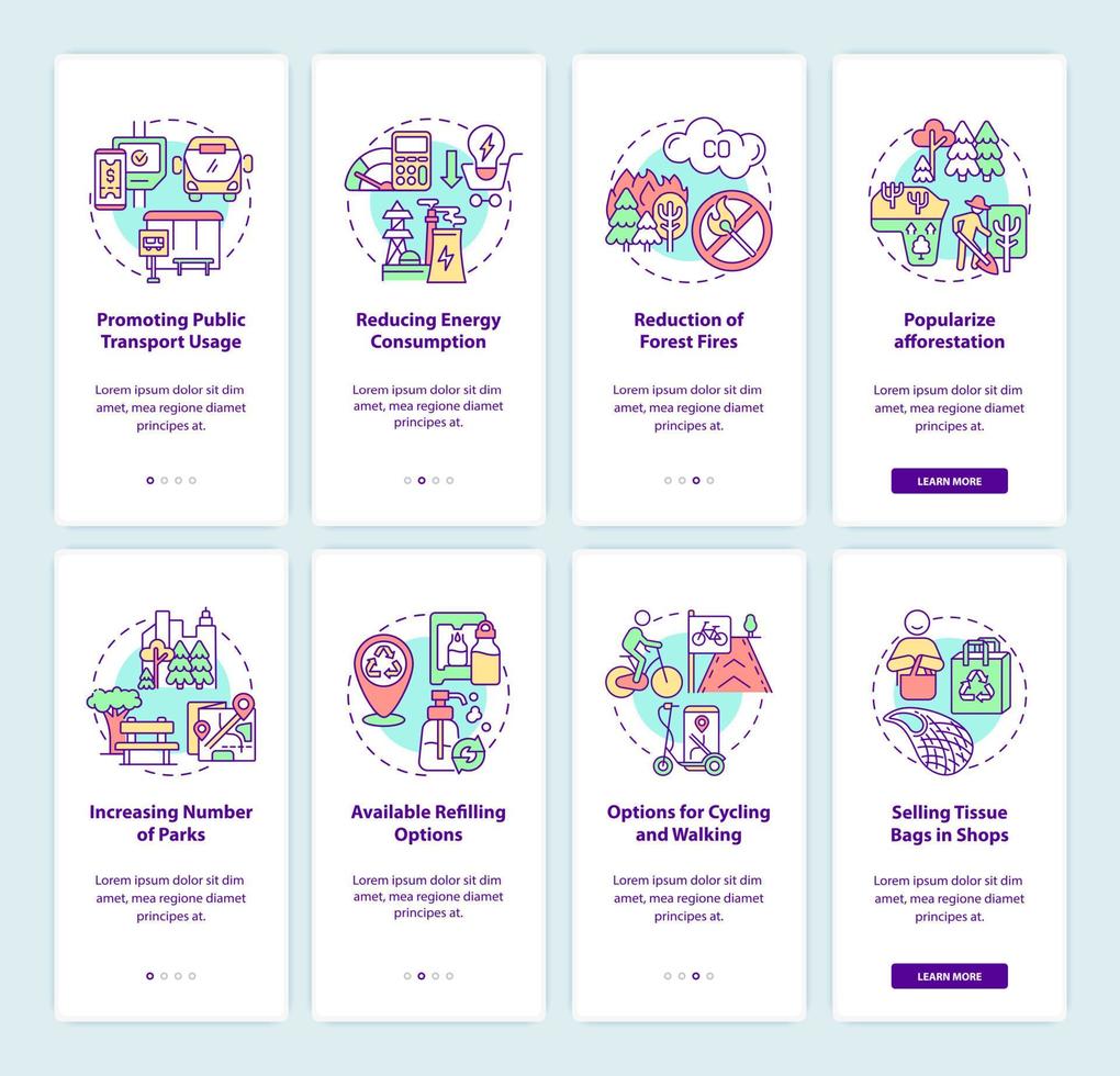 soluções para a poluição do ar que integra o conjunto de telas de aplicativos móveis. obter instruções gráficas passo a passo de 4 passos de ar limpo com conceitos. modelo de vetor ui, ux, gui com ilustrações coloridas lineares