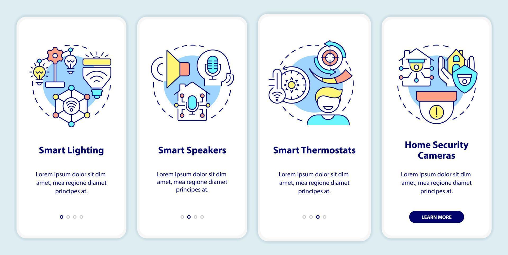 dispositivos domésticos inteligentes integrando a tela do aplicativo móvel. iluminação e alto-falantes passo a passo 4 etapas páginas de instruções gráficas com conceitos lineares. ui, ux, modelo de gui. inúmeras fontes pró-negrito e regulares usadas vetor