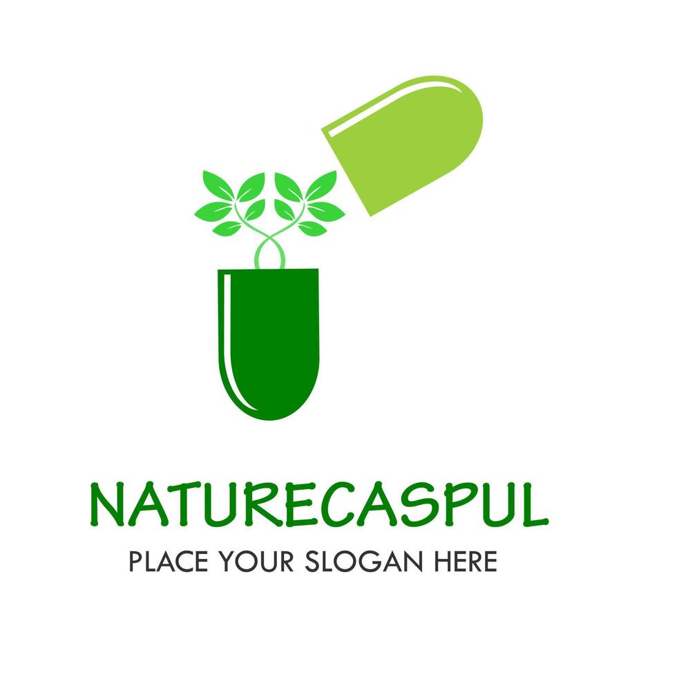 ilustração de modelo de design de logotipo de cápsula de natureza. há folha e cápsula. isso é bom para farmácia, médico, industrial, fábrica, natureza etc vetor