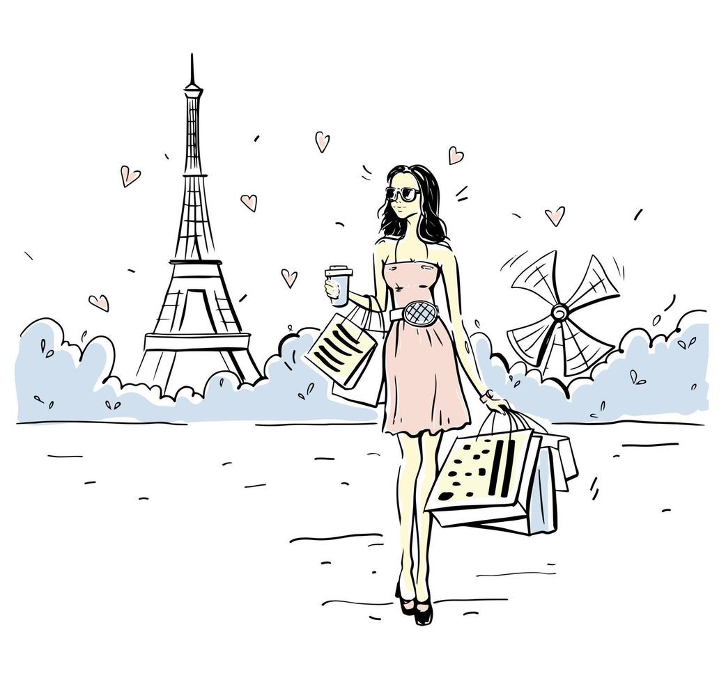 vetor de fundo desenhado à mão de uma garota em paris no fundo da torre eiffel. compras em paris. turismo. fundo isolado.