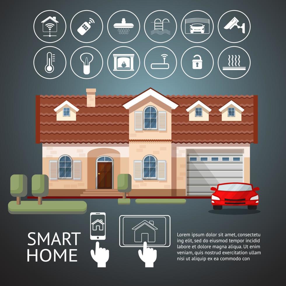 infográfico de casa inteligente com sistema de tecnologia de casa e ícones de fachada. vetor