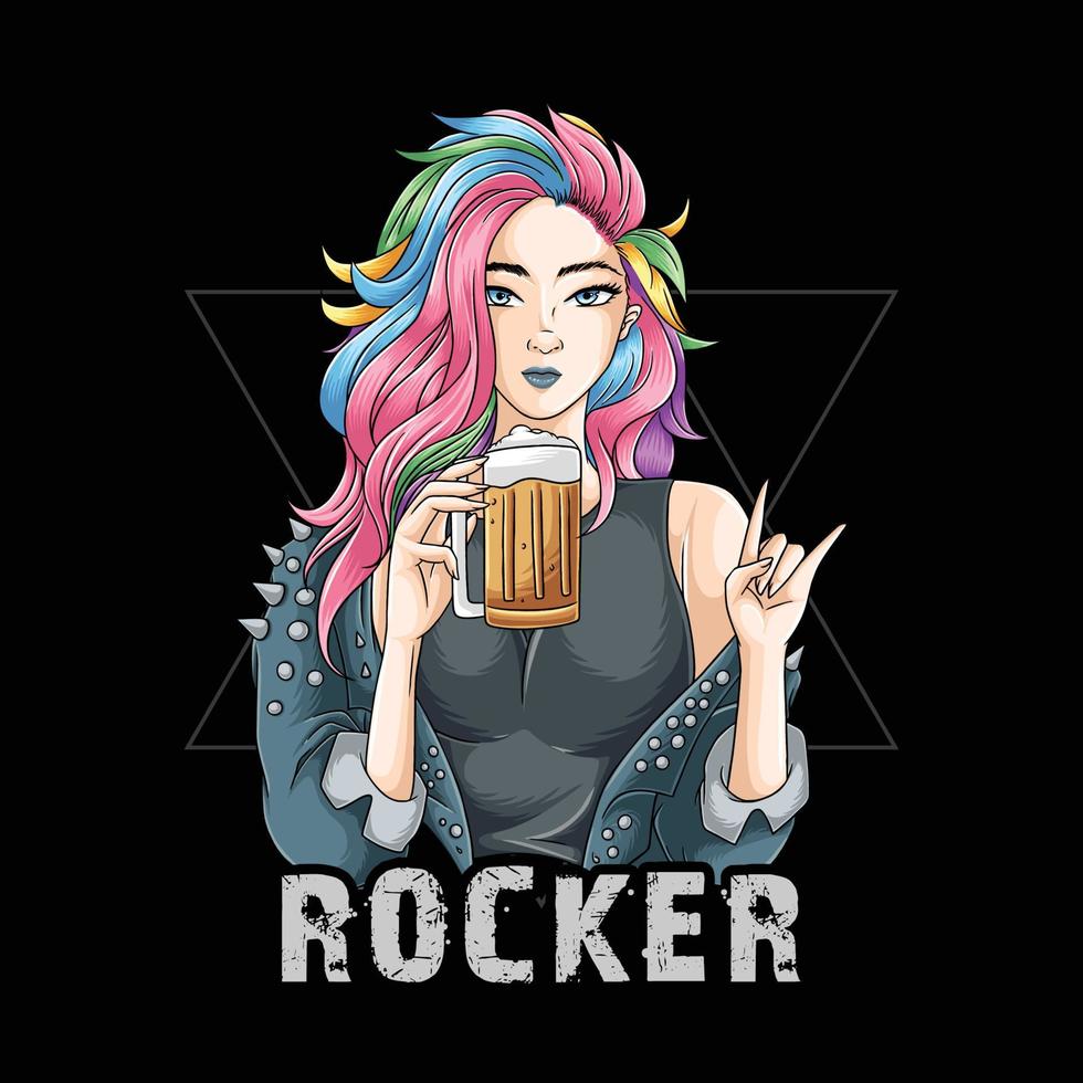 garota do rock n roll com cabelo colorido traz um copo de cerveja vetor