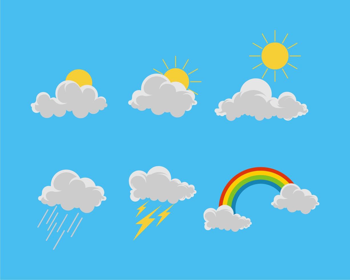 ilustração do tempo, sol, nuvens quentes, nuvens de trovoada e arco-íris vetor