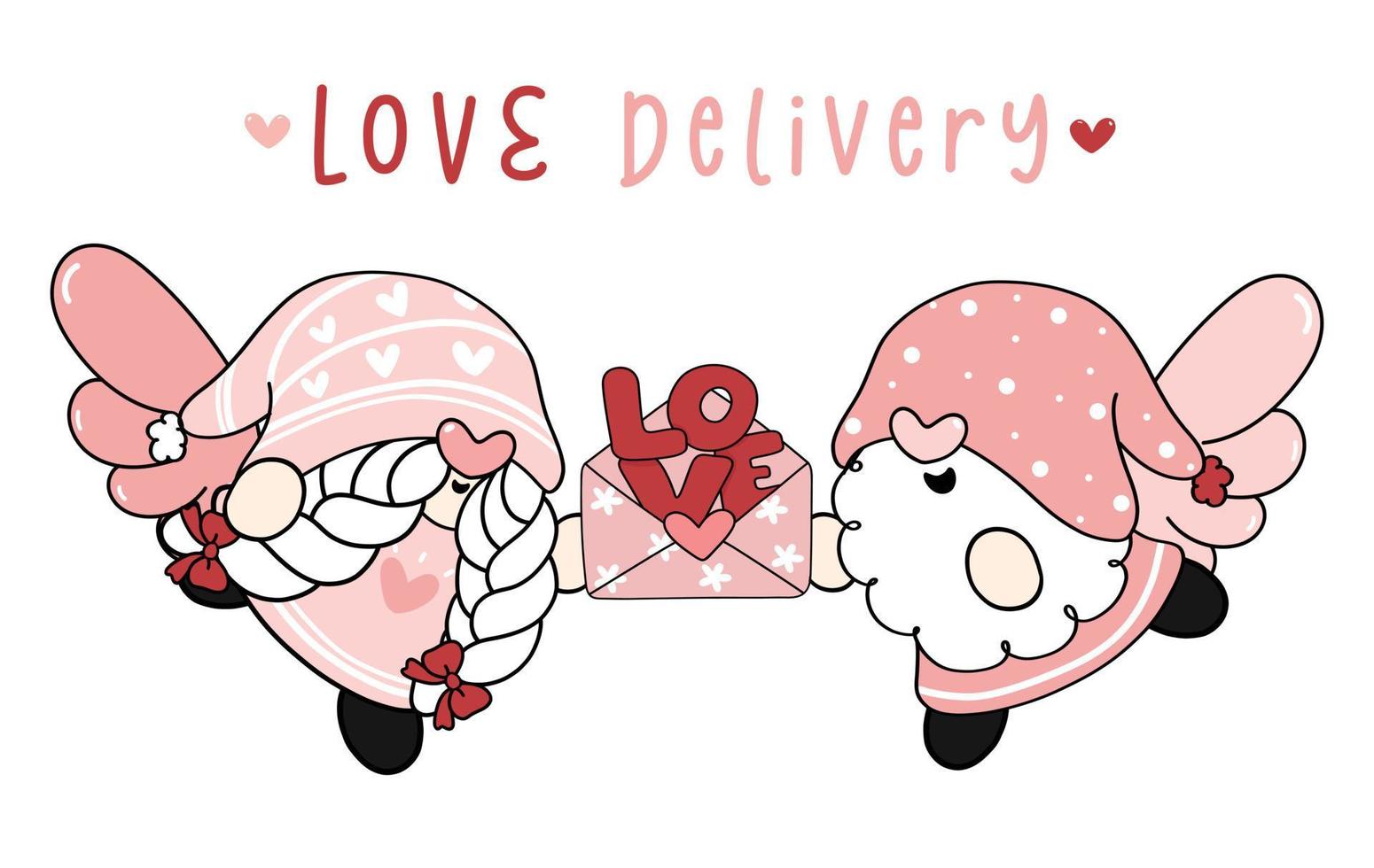 bonito dois casal gnomos cupido com asas de cupido menino e menina segurando carta de amor, entrega de amor, desenho de desenho vetorial plano clipart de contorno vetor