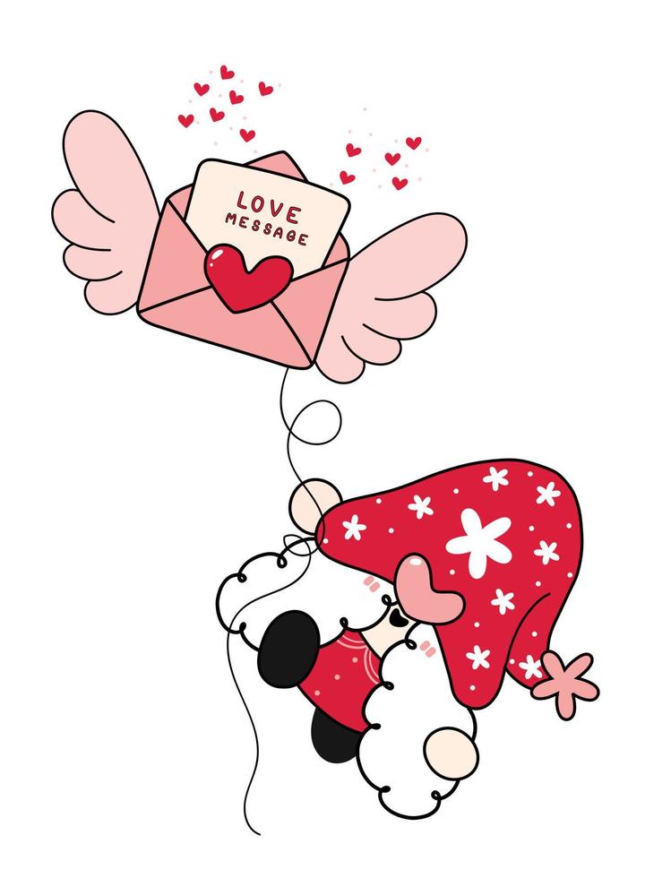 linda garota gnomo feliz em vermelho voando com carta de amor, vetor plano de desenho animado fofo