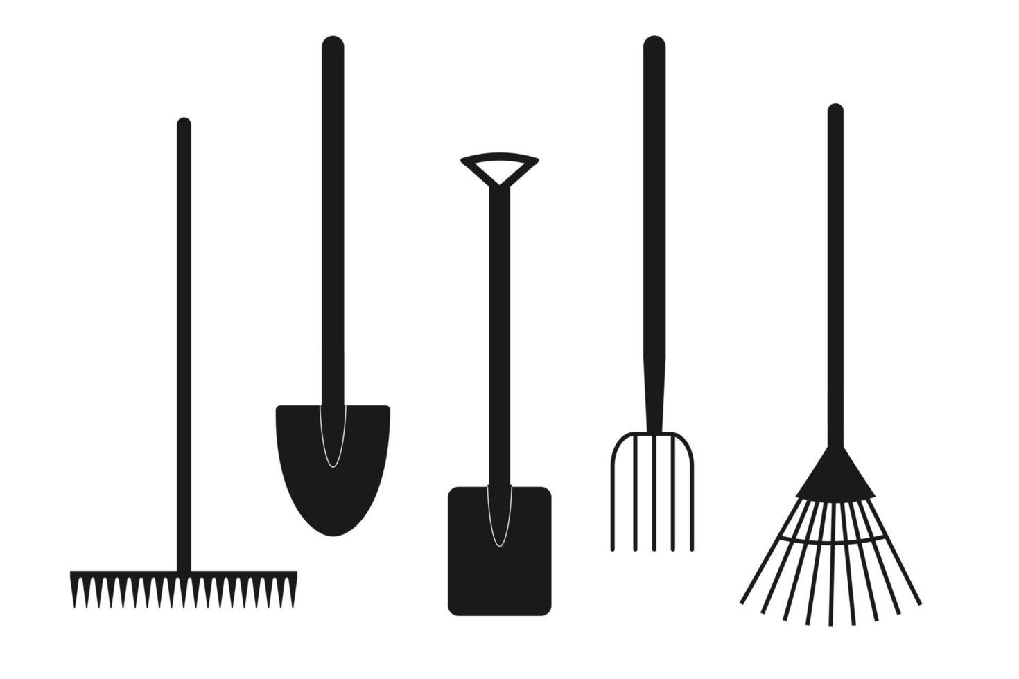 conjunto de equipamentos de jardim. ancinho, garfo, pá, pá e enxada. design de ícone vetor
