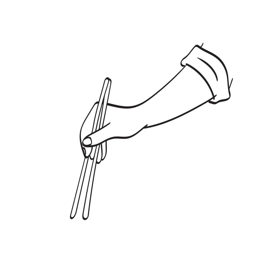 closeup mão segurando pauzinhos ilustração vetorial mão desenhada isolado na arte de linha de fundo branco. vetor