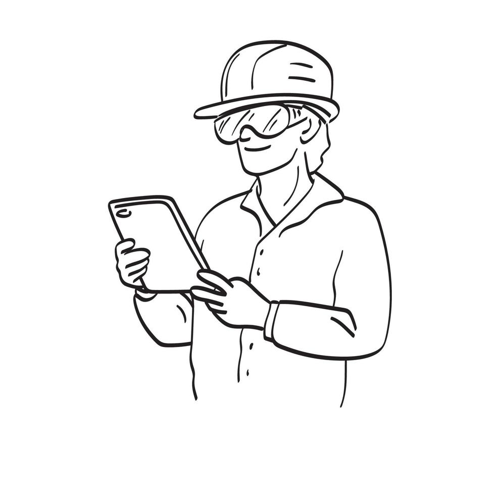 sorrindo jovem engenheiro no capacete de segurança está usando uma mão de vetor de ilustração de computador tablet desenhada isolada na arte de linha de fundo branco.