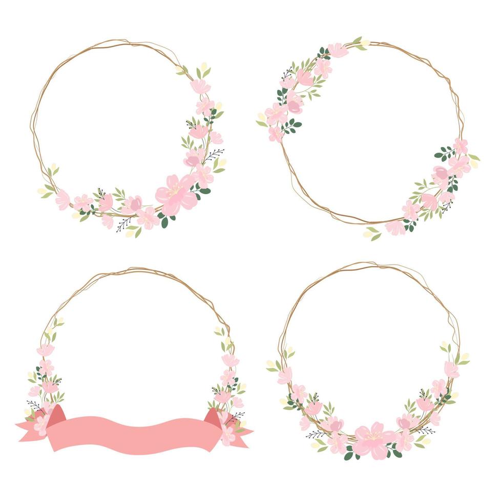 linda sakura rosa ou flor de flor alegre com galho seco e coleção de grinalda de fita ilustração de vetores eps10