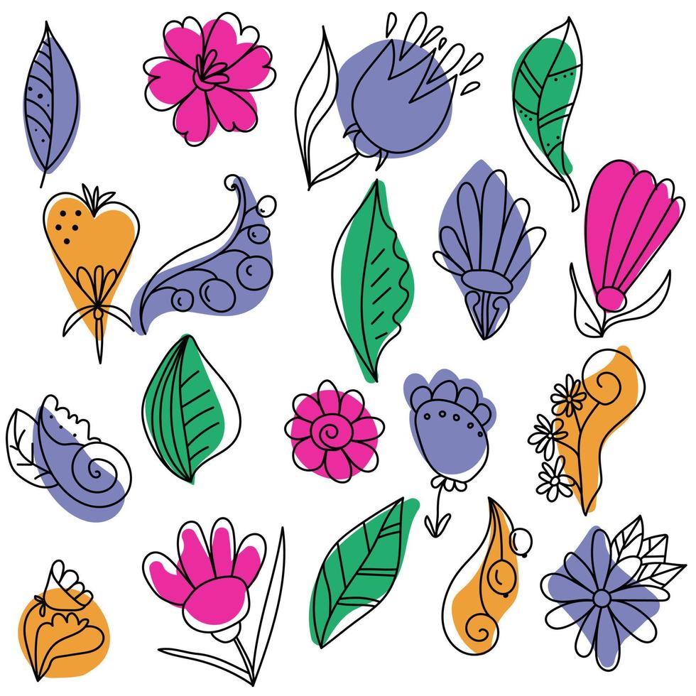 doodle conjunto de plantas de fantasia, folhas e flores em manchas de cor, cachos lineares e rabiscos para design vetor