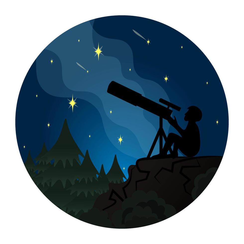 uma pessoa observa as estrelas através de um telescópio vetor