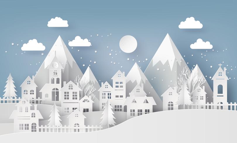 Inverno neve paisagem urbana paisagem cidade vila com ful lmoon vetor