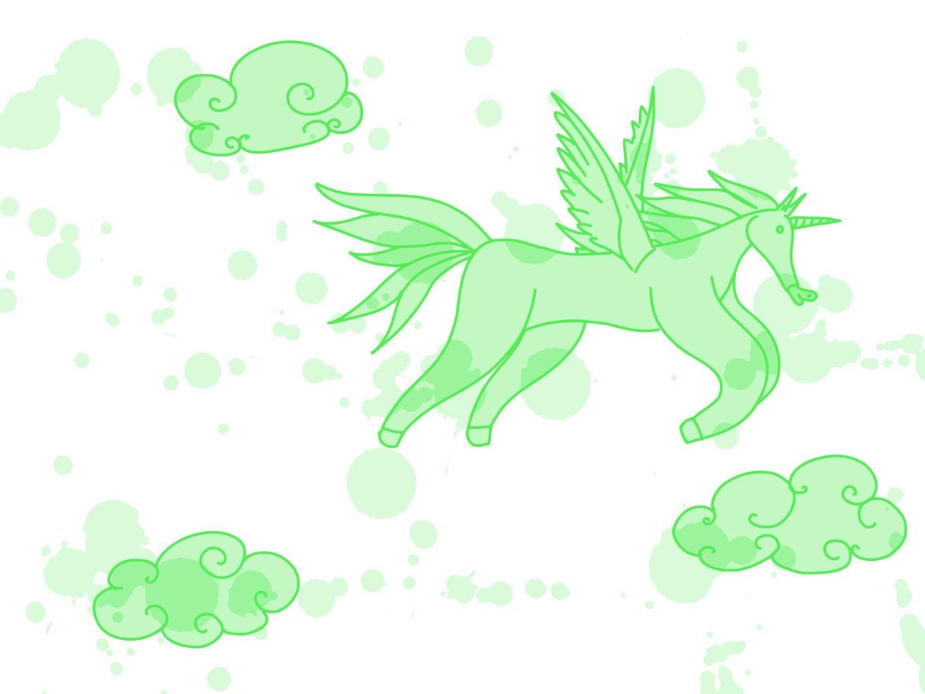 unicórnio verde com asas e nuvens. rabisco de esboço vetor