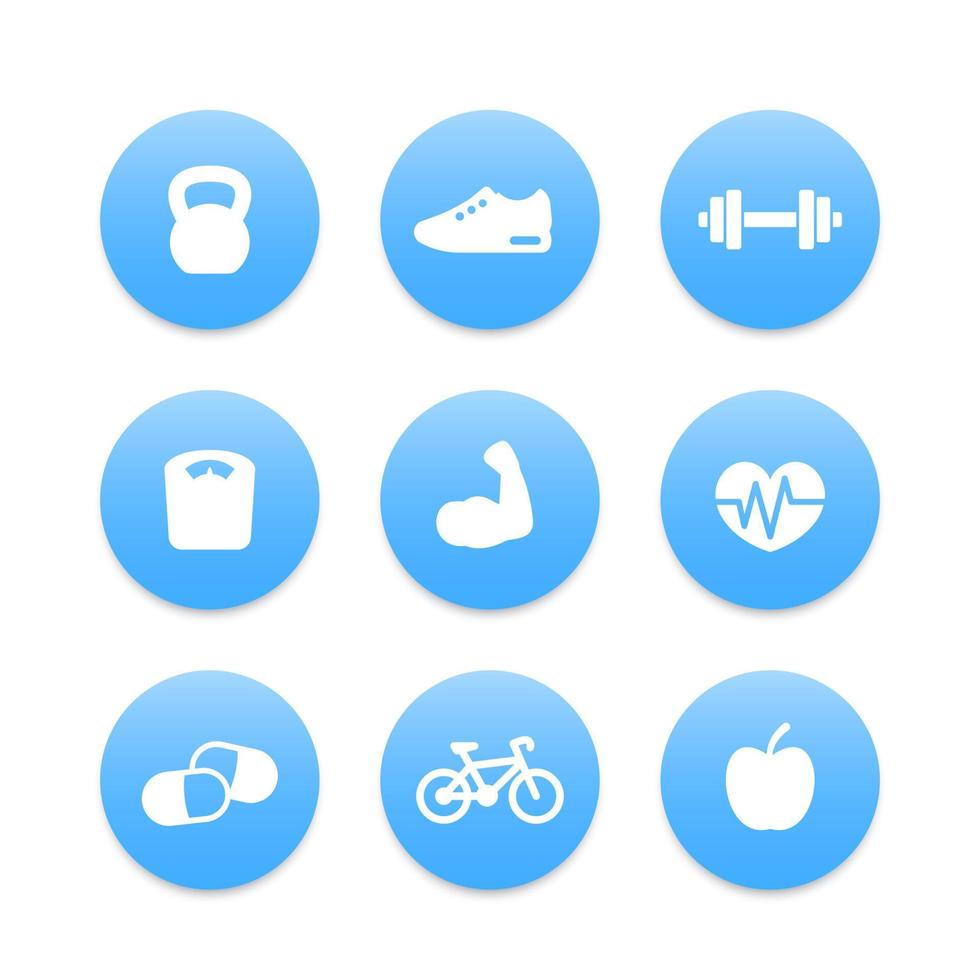 ícones simples de fitness, kettlebell, bíceps, haltere, cardio, corrida vetor