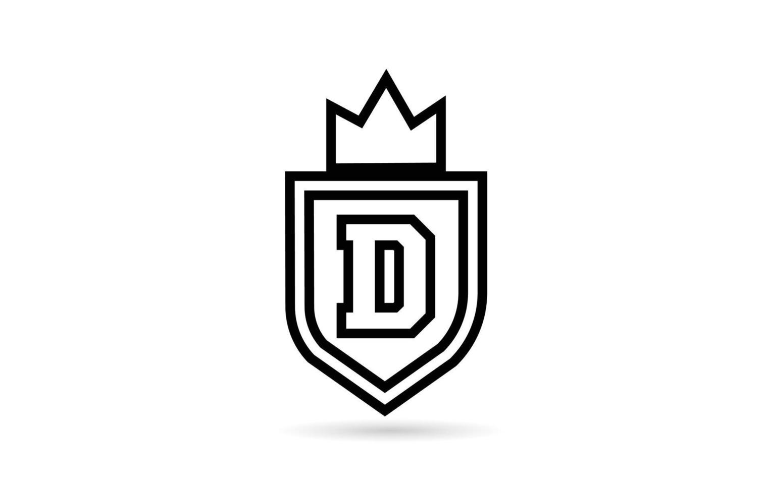 logotipo de ícone de letra do alfabeto d preto e branco com design de linha de escudo e coroa do rei. modelo criativo para negócios e empresa vetor