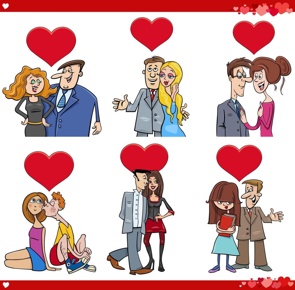 casais de desenhos animados engraçados apaixonados no dia dos namorados vetor