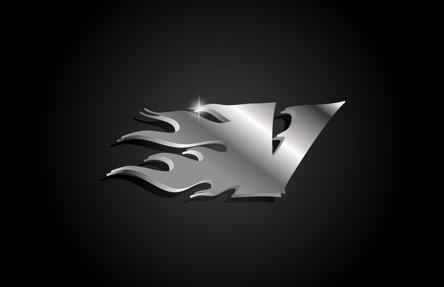 metal cinza alfabeto letra v ícone design de logotipo. modelo criativo para negócios com estilo metálico e chamas vetor