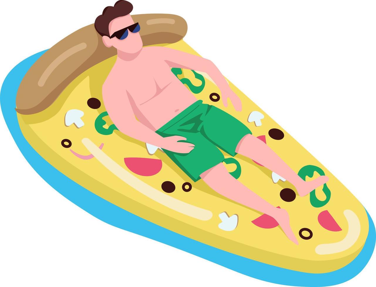 homem de óculos escuros no colchão de ar de pizza personagem de vetor de cor semi plana