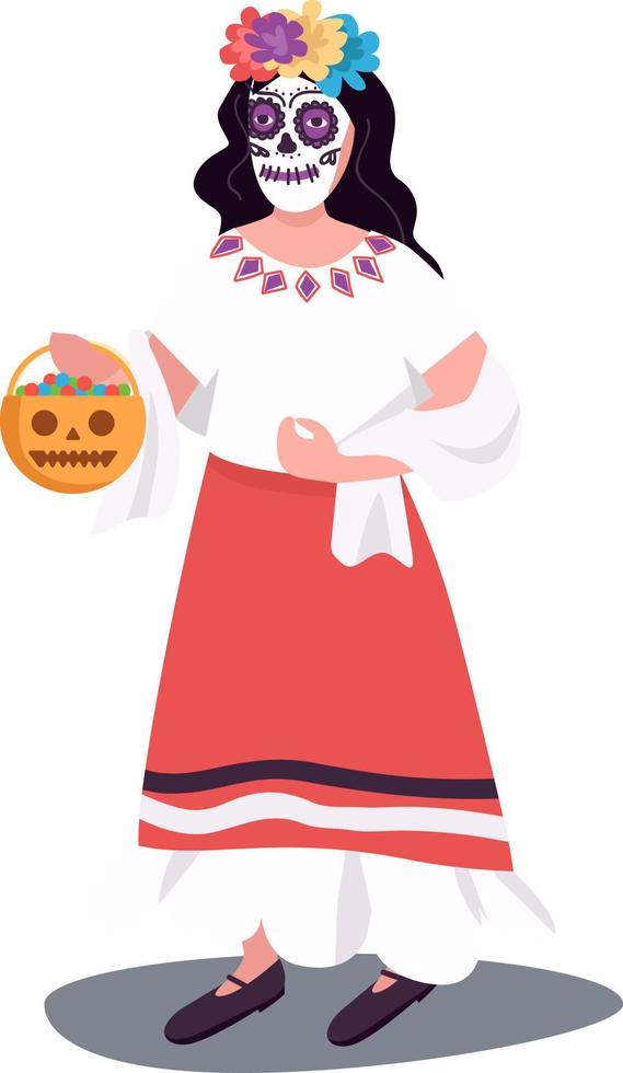 personagem de vetor de cor semi plana de traje de halloween mexicano