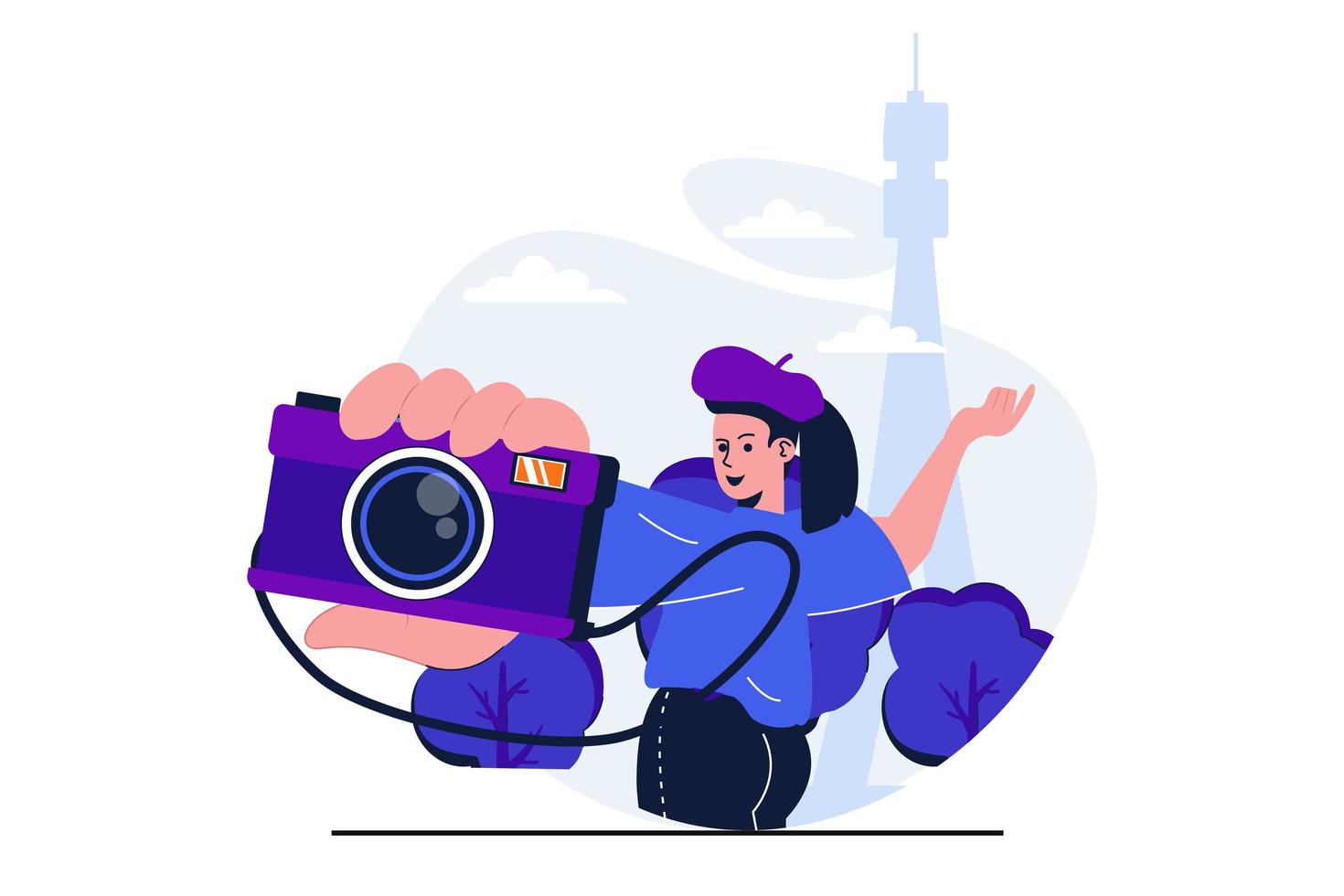 viajando conceito plano moderno para web banner design. viajante de mulher fazendo selfie na câmera posando na torre eiffel em paris, passeios em viagens. ilustração vetorial com cena de pessoas isoladas vetor