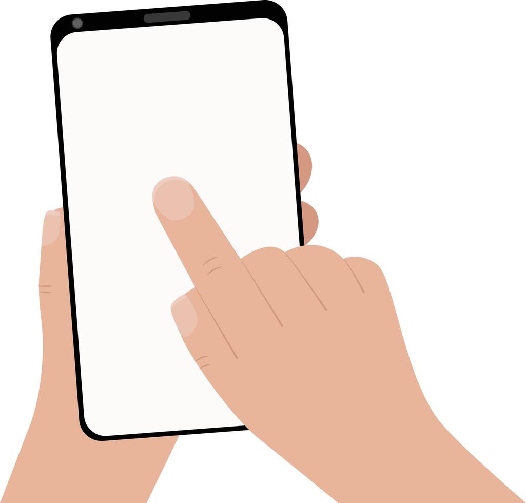 mão segurando o smartphone preto, tocando a tela branca em branco. usando telefone inteligente móvel, conceito de design plano. vetor
