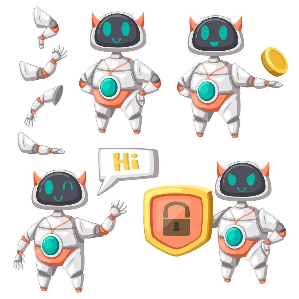 conjunto de máquina futurista de estilo de desenho animado robô personagem android para uso industrial. vetor