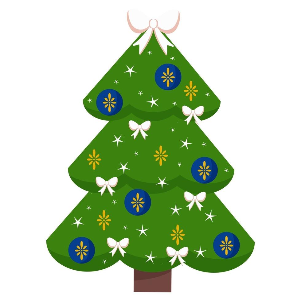 árvore de natal com estrela de natal, balões e festão. abeto vermelho ou pinheiro decorado com brinquedos de natal. estilo simples do projeto do vetor. vetor