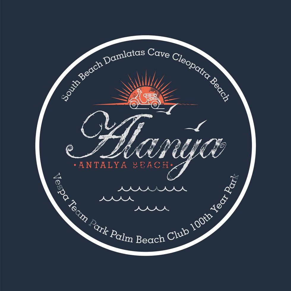 praia de alania. design vetorial de t-shirt e vestuário, tipografia, impressão, etiqueta, cartaz. vetor
