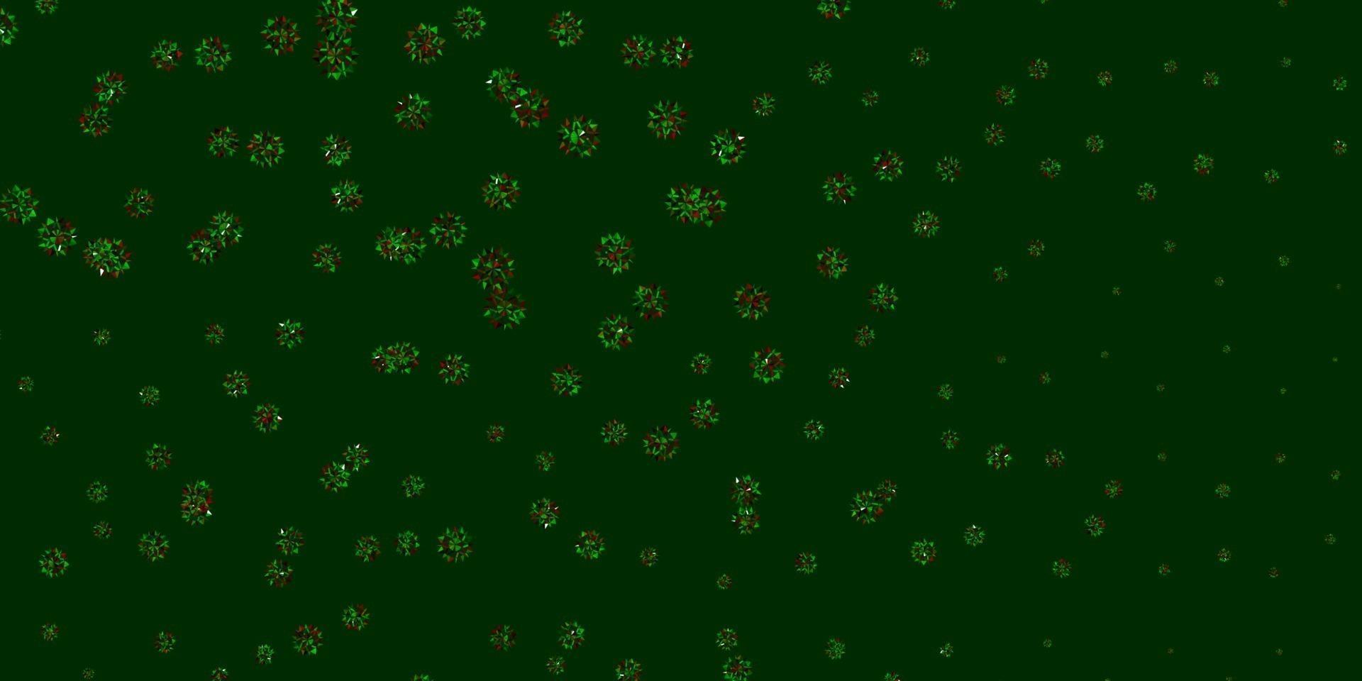 textura de vetor verde e vermelho claro com flocos de neve brilhantes.