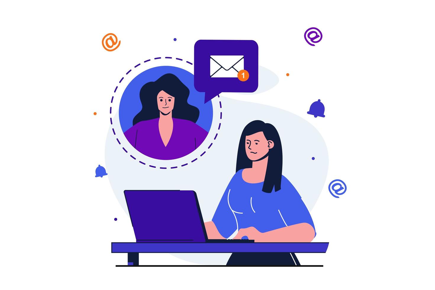 conceito plano moderno de serviço de e-mail para design de banner web. mulher escreve carta e envia usando laptop. nova notificação recebida, correspondência online. ilustração vetorial com cena de pessoas isoladas vetor