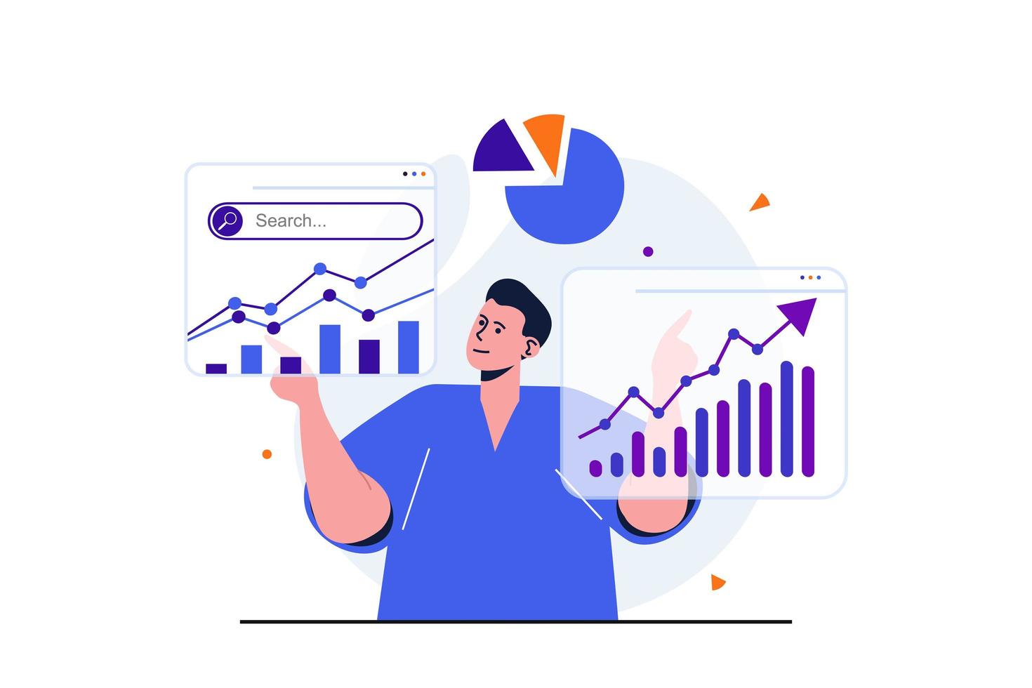 conceito plano moderno de análise de seo para design de banner web. a man analytics analisa os dados do site e estuda os gráficos nas telas e desenvolve a estratégia de promoção. ilustração vetorial com cena de pessoas isoladas vetor